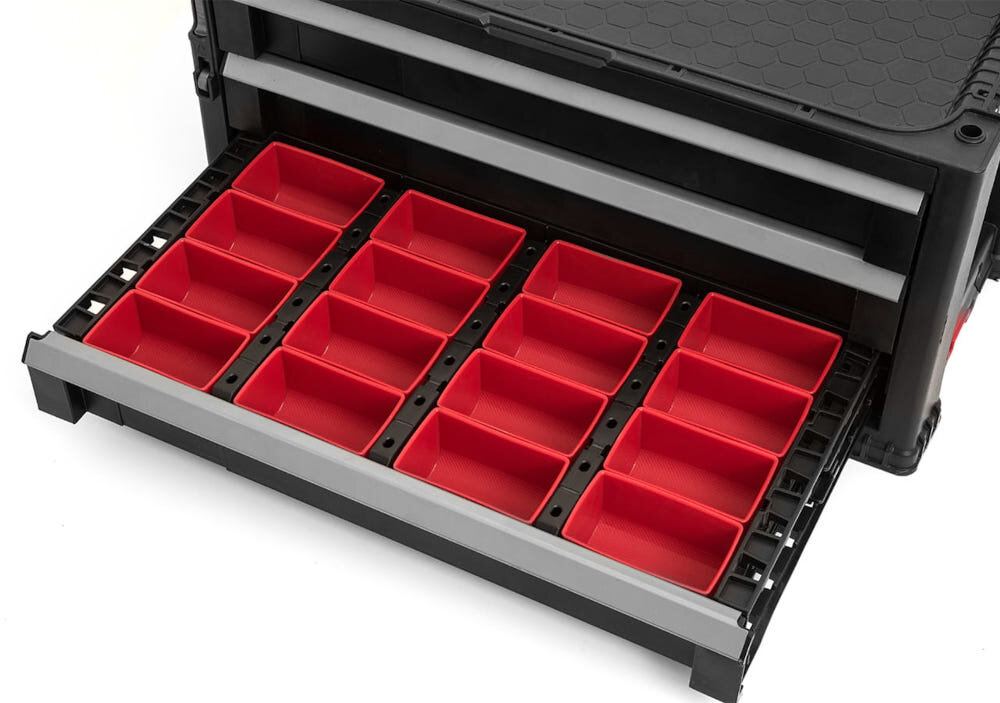 Regał z szufladami KETER 17201228 Czarny białe tło otwarta szuflada wypełniona pojemnikami 16 wyjmowanych pojemników indywidualne dopasowanie przechowywania łatwa segregacja mobilność i elastyczność