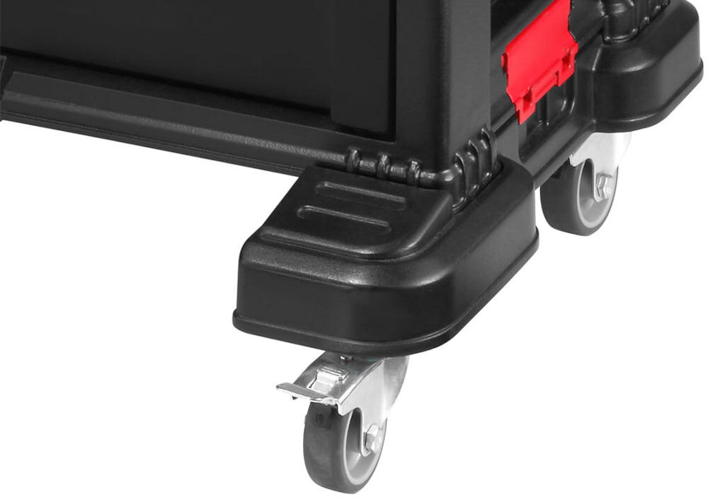 Regał z szufladami KETER 17201228 Czarny białe tło zbliżenie na kółka kółka swobodne przemieszczanie regału efektywność działań łatwo transportować narzędzia