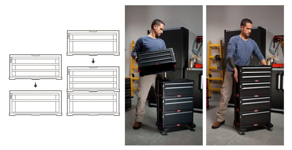 Regał z szufladami KETER 17201228 Czarny dwa zdjęcia pokazujące osobę ustawiającą półkę na regale obok rysunek techniczny pokazujący możliwość rozbudowy regału modułowa konstrukcja rozbudowa o dodatkowe szuflady z serii Tool Chest i pojemniki można stopniowo zwiększać pojemność przechowywania dopasować regał do zmieniającej się liczby narzędzi