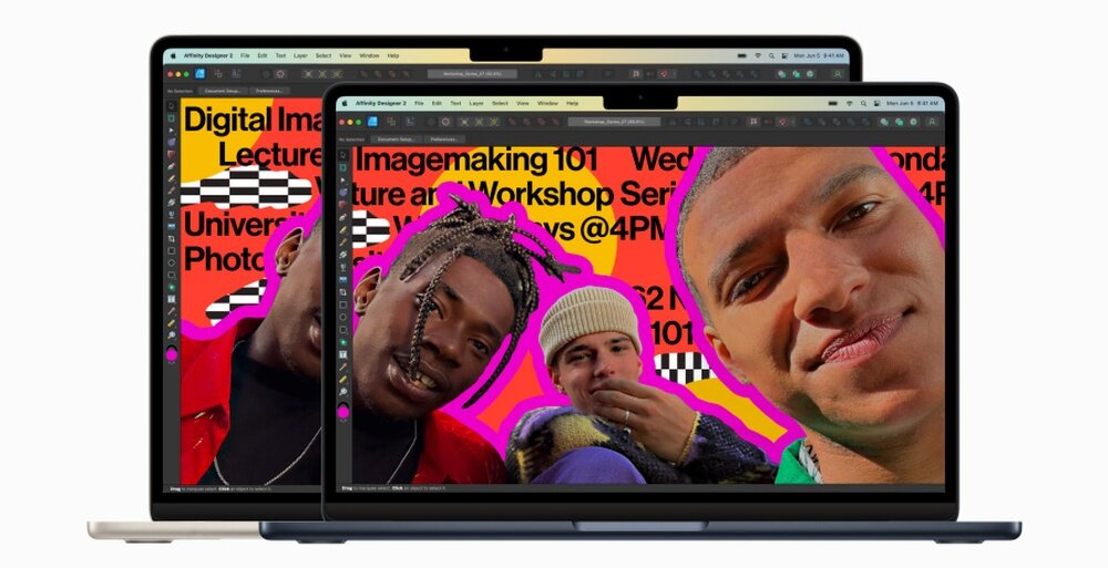 Dwa laptopy z wyświetlonymi kolorowymi grafikami przedstawiającymi ludzi i tekst: \'Digital Image Lecture\', \'Imagemaking 101\', \'Workshop Series\', \'University\', \'Photography\'.