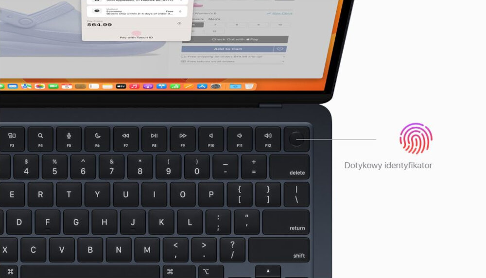 Obraz przedstawia klawiaturę laptopa z widocznym dotykowym identyfikatorem. Na ekranie wyświetla się okno z ceną .99 oraz pasek aplikacji na dole.