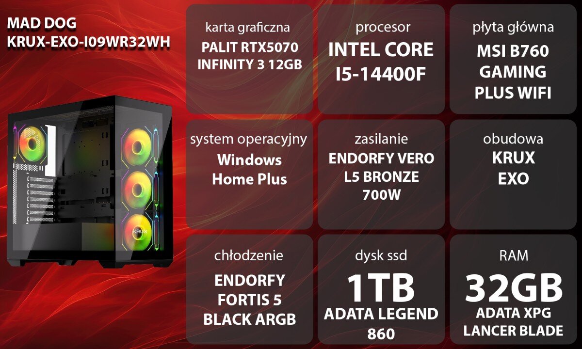 Komputer MAD DOG GeForce RTX5070 DLSS 4 Reflex Edition 2 KRUX-EXO-I09WR32WH Grafika przedstawiająca specyfikację komputera, z podziałem na podzespoły. W lewej części znajduje się model komputera, a obok niego informacje o podzespołach, opis