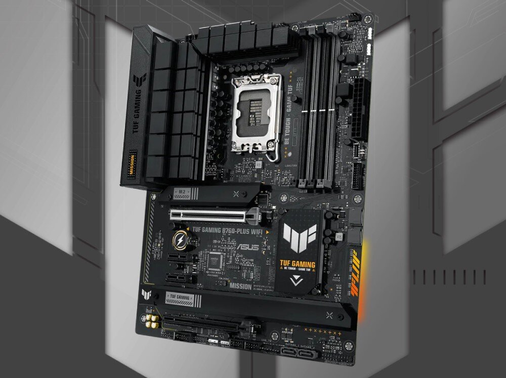 Komputer MAD DOG DIAXID605-I20WR32WH Płyta główna postawiona przodem z widocznymi gniazdami rozszerzeń, umieszczona na futurystycznym tle, komponenty, kompatybilność, interfejs, łączność WiFi 6