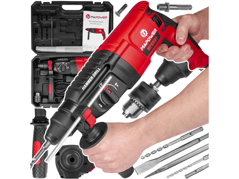 Na obrazie widoczna jest czerwona młotowiertarka z napisem \'MAPOWER MPRH01\' oraz \'HAMMER DRILL\'. W tle znajduje się otwarta walizka z akcesoriami, takimi jak wiertła i uchwyty.
