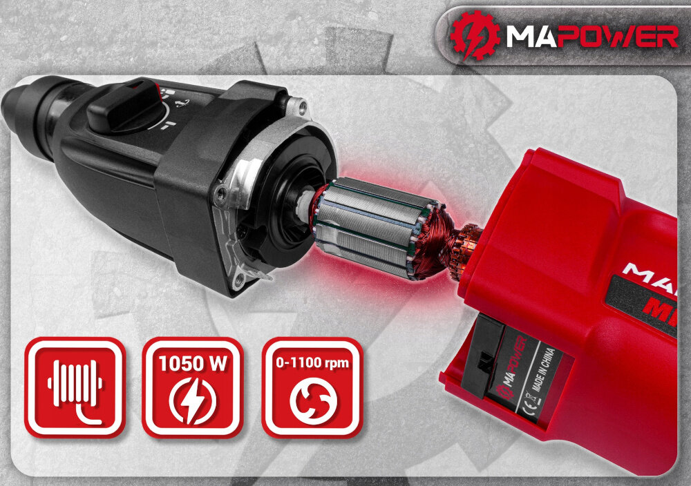 Obraz przedstawia młotowiertarkę z widocznym mechanizmem wewnętrznym oraz logo MAPOWER. Na dole znajdują się ikony z napisami: \'1050 W\' i \'0-1100 rpm\'.