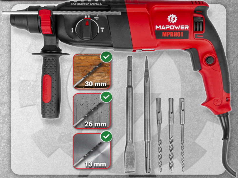 Na obrazie widoczna jest młotowiertarka MAPOWER MPRH01 w kolorze czerwono-czarnym z uchwytem i różnymi wiertłami. Obok narzędzia znajdują się trzy wiertła z oznaczeniami: 30 mm, 26 mm, 13 mm oraz dodatkowe końcówki robocze.