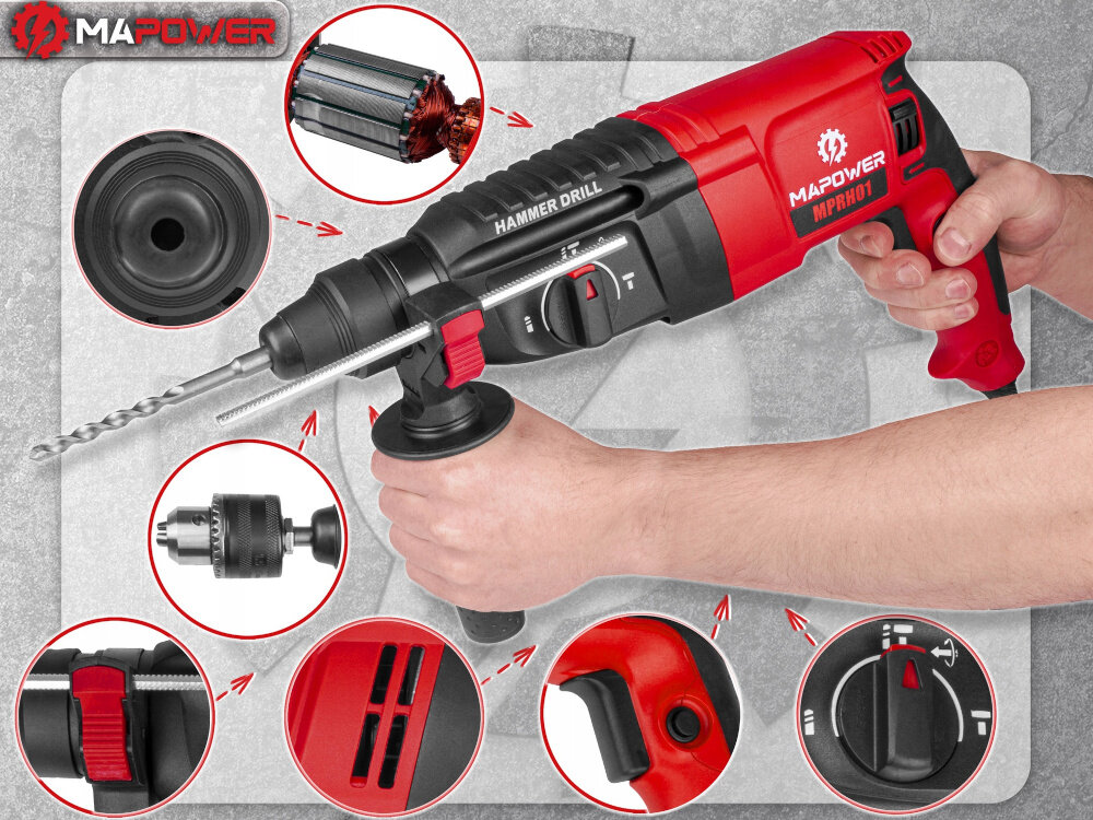 Na obrazie widoczna jest młotowiertarka MAPOWER MPRH01 trzymana w rękach, z kilkoma zbliżeniami na jej elementy. Na urządzeniu znajduje się napis \'HAMMER DRILL\', a logo producenta to \'MAPOWER\'.