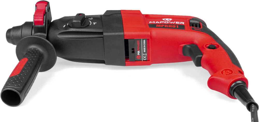 Czerwona młotowiertarka z czarnymi elementami, oznaczona jako MAPOWER MPRH01. Widoczny jest uchwyt z gumową rękojeścią oraz pokrętło regulacji.