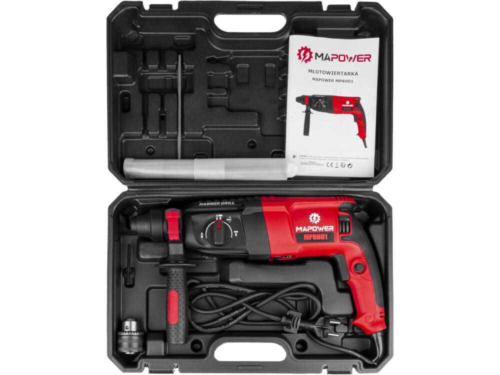 W otwartej walizce znajduje się młotowiertarka MAPOWER MPRH01 w kolorze czerwono-czarnym oraz instrukcja obsługi. Obok narzędzia widoczny jest uchwyt i przewód zasilający.