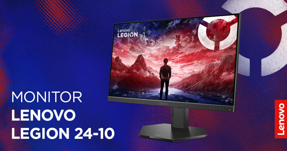 Monitor LENOVO Legion 24-10 23.8 cala 1920x1080px IPS 240Hz 0.5 [MPRT] prezentacja monitora na fioletowym tle z gradientem napis z modelem monitora