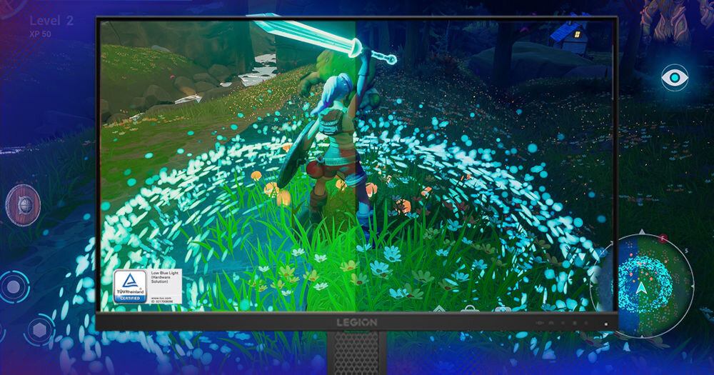 Monitor LENOVO Legion 24-10 23.8 cala 1920x1080px IPS 240Hz 0.5 [MPRT] prezentacja działania funkcji Low Blue Light podczas grania w grę certyfikat EyeSafe 2.0 od TÜV Rheinland redukcja emisji szkodliwego niebieskiego światła żywe kolory