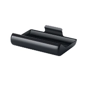 Czarny, prostokątny element z podwyższonymi krawędziami i uchwytem na jednym z boków. Przedmiot ma gładką powierzchnię i minimalistyczny design.