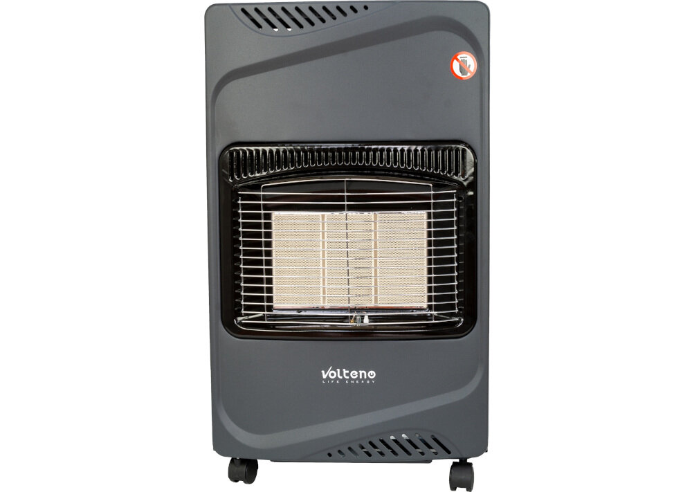 Na zdjęciu widoczny jest piecyk gazowy w kolorze ciemnoszarym z metalową kratką ochronną. Na dole znajduje się logo \'Volteno Live Energy\'.