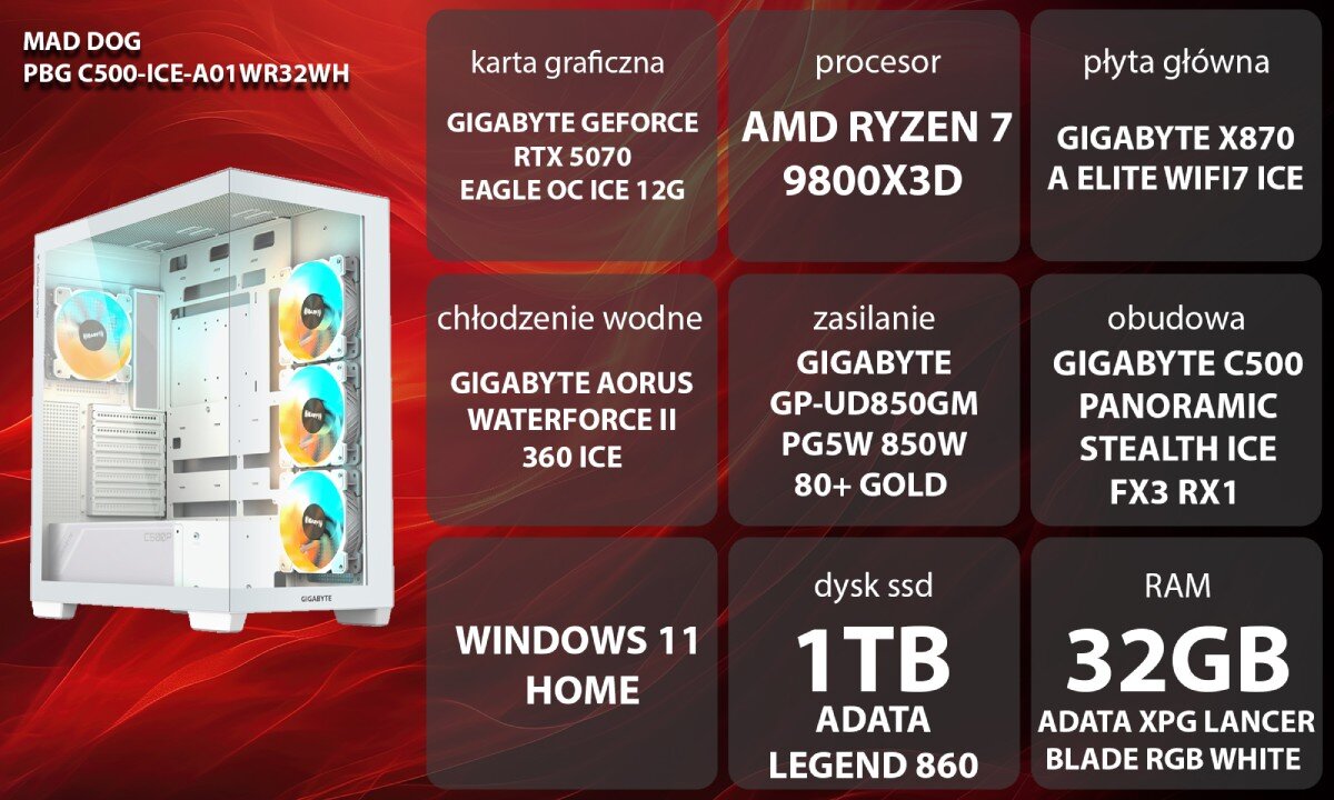 Komputer MAD DOG Powered by Gigabyte C500-ICE-A01WR32WH Widok białej obudowy komputera z przezroczystym panelem bocznym i frontowym. Wewnątrz zamontowane są podświetlane wentylatory, karta graficzna, chłodzenie cieczą oraz inne podzespoły, opis
