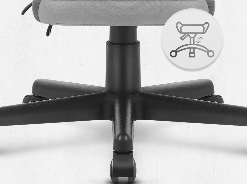 Fotel CABRO C502 Szaro-czarny Widok na podstawę fotela z ikoną ilustrującą funkcję regulacji wysokości siedziska fotel gamingowy z pięcioramienną nylonową podstawą