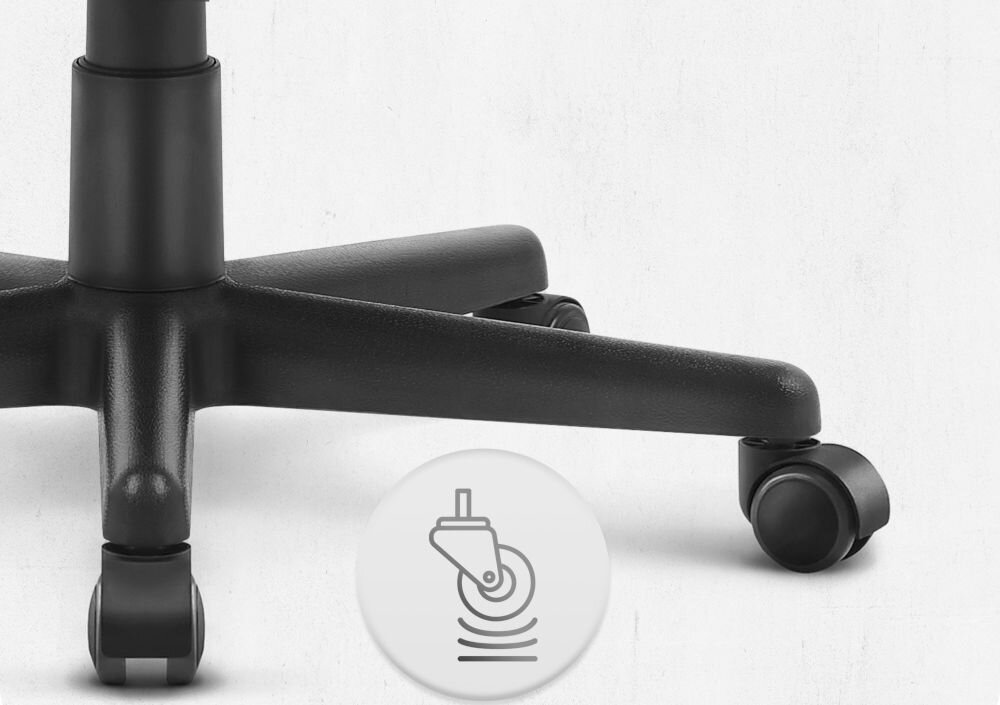 Fotel CABRO C502 Szaro-czarny Zbliżenie na kółka fotela gamingowego z ikoną sugerującą płynność ruchu lub cichą pracę mechanizmu fotel gamingowy z solidnymi kółkami trwałe materiały ochrona podłogi