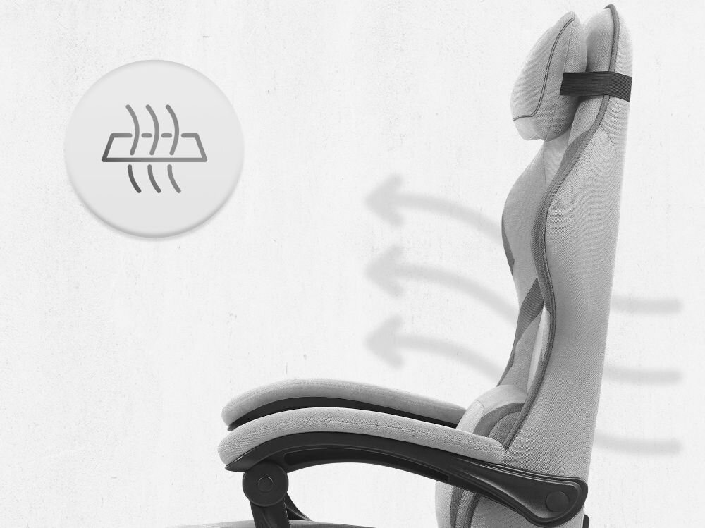 Fotel CABRO C502 Szaro-czarny Profil fotela gamingowego z naniesionymi strzałkami i ikoną symbolizującą wentylację oraz przepływ powietrza przez oparcie ergonomiczny fotel gamingowy do długiej pracy i grania