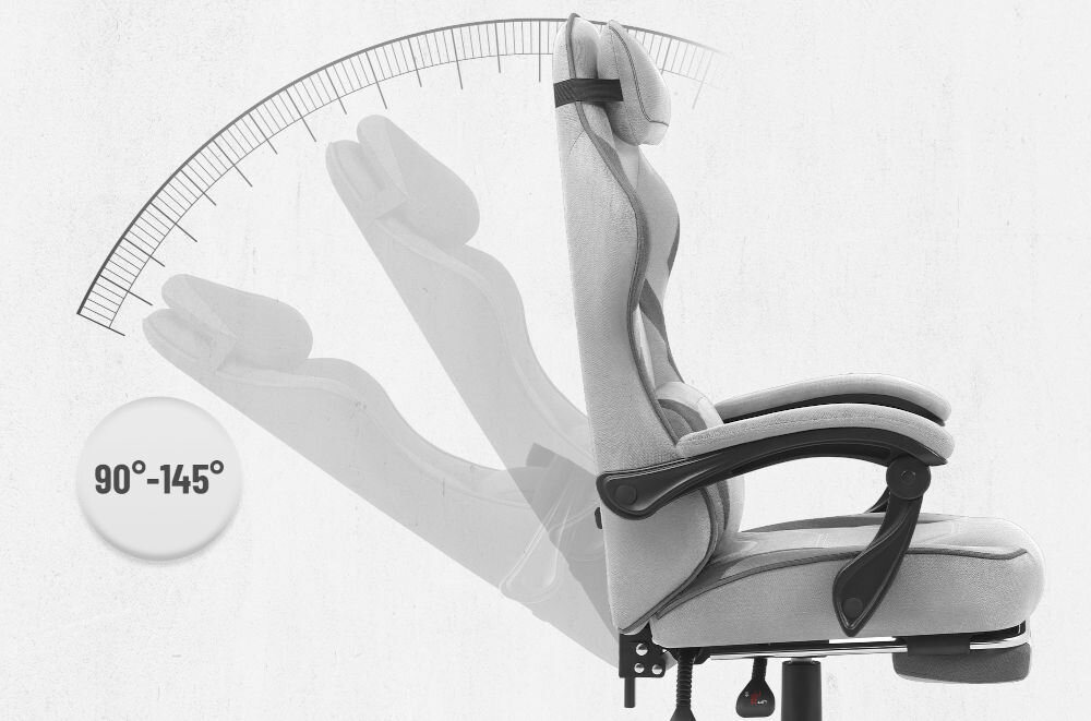 Fotel CABRO C502 Szaro-czarny Grafika prezentująca mechanizm regulacji kąta nachylenia oparcia fotela w zakresie od 90 do 145 stopni fotel gamingowy z regulacją oparcia do 145 stopni