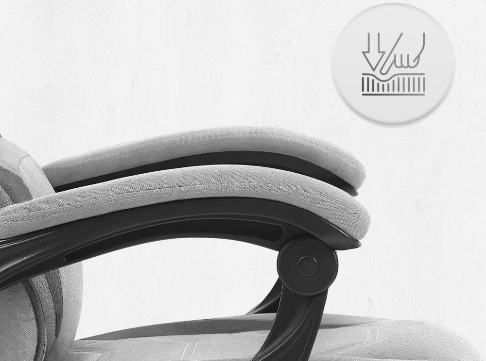 Fotel CABRO C502 Szaro-czarny Zbliżenie na miękki podłokietnik fotela z ikoną nacisku, podkreślającą komfort użytkowania i jakość wypełnienia fotel gamingowy z podłokietnikami z miękkimi padami