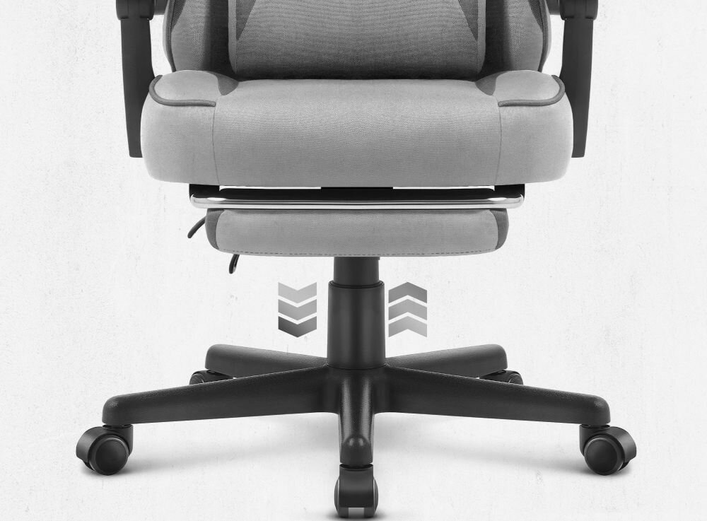 Fotel CABRO C502 Szaro-czarny Zbliżenie na dolną część fotela, prezentujące pięcioramienną podstawę, kółka oraz mechanizm podnośnika gazowego fotel gamingowy z regulacją wysokości siedziska gazowym siłownikiem