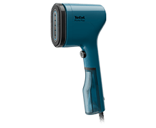 Na obrazie widoczna jest niebieska parownica do ubrań z czarnymi elementami, z napisem \'Tefal Pure Pop\' na obudowie.