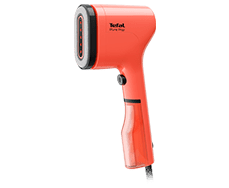 Na obrazie widoczna jest pomarańczowa parownica do ubrań z napisem \'Tefal Pure Pop\' na górnej części urządzenia.