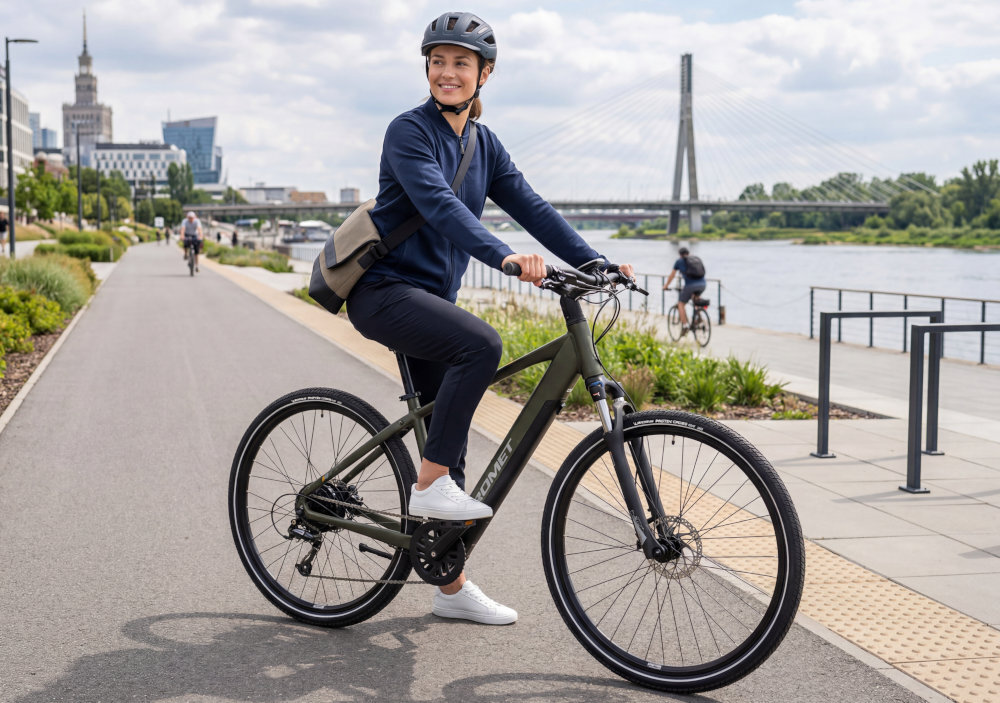 Osoba na ciemnozielonym rowerze elektrycznym marki ROMET jedzie ścieżką rowerową wzdłuż rzeki. W tle widoczny jest most i zabudowania miejskie.