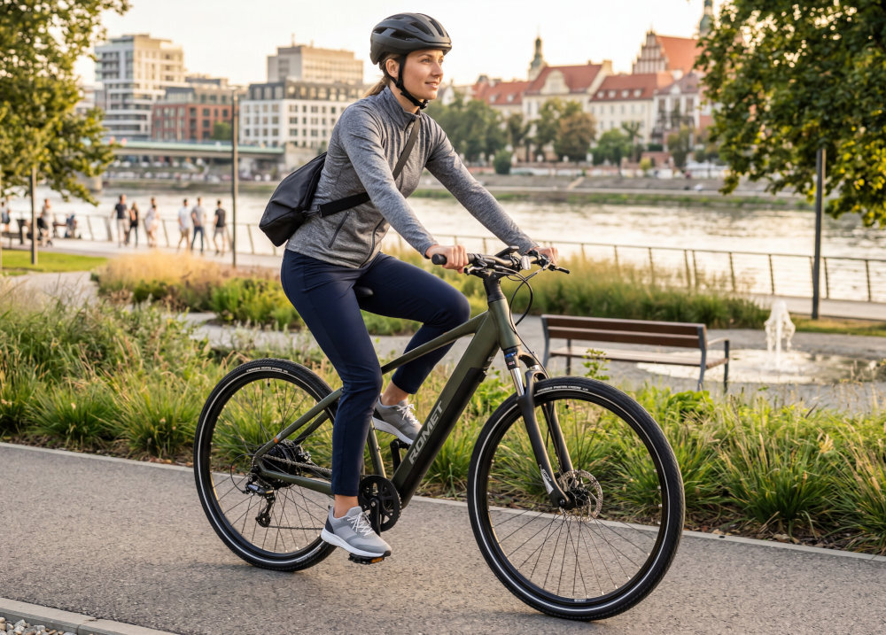 Osoba jedzie na ciemnozielonym rowerze elektrycznym ROMET E-Orkan 1.0 wzdłuż ścieżki rowerowej, w tle widoczne są budynki i rzeka. Osoba ma na sobie kask i sportowe ubranie.