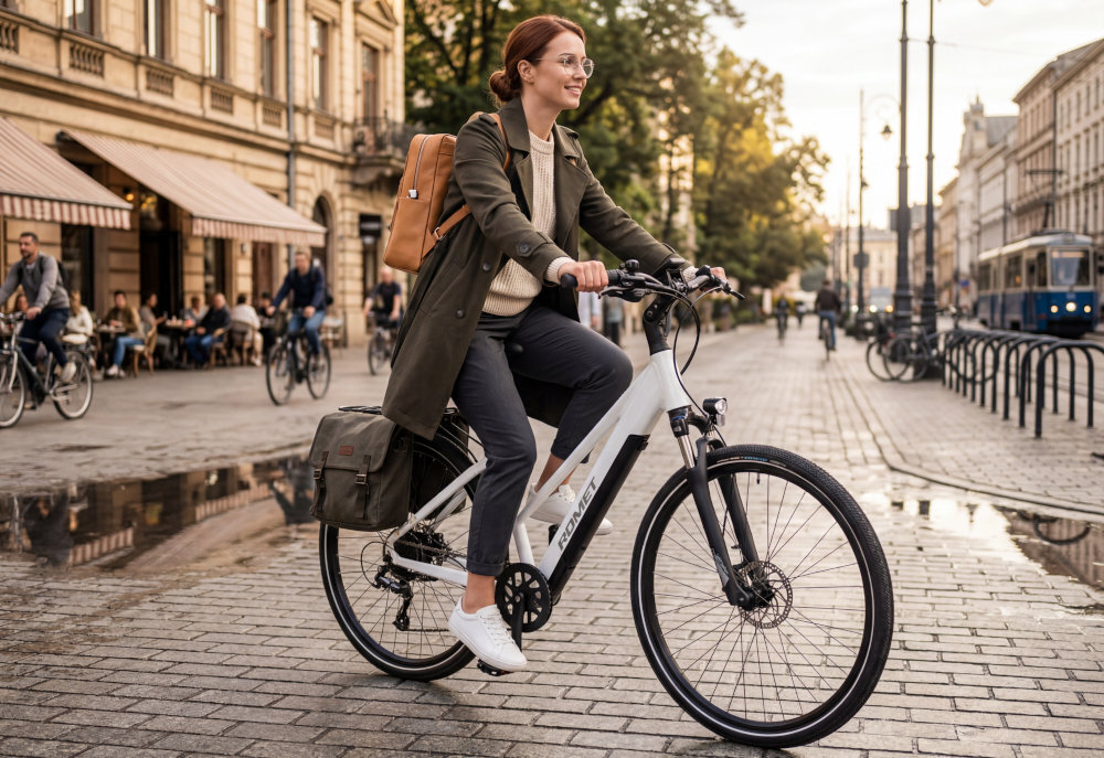 Osoba jedzie na białym rowerze elektrycznym marki ROMET po brukowanej ulicy w mieście. W tle widać budynki, ludzi oraz tramwaj.