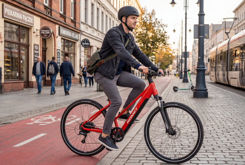 Osoba na czerwonym rowerze elektrycznym ROMET jedzie po ścieżce rowerowej w mieście. W tle widoczne są budynki, ludzie oraz tramwaj.