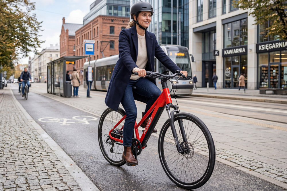 Osoba jedzie na czerwonym rowerze elektrycznym po ścieżce rowerowej w mieście. W tle widoczne są budynki, tramwaj oraz sklepy z napisami \'KAWIARNIA\' i \'KSIĘGARNIA\'.