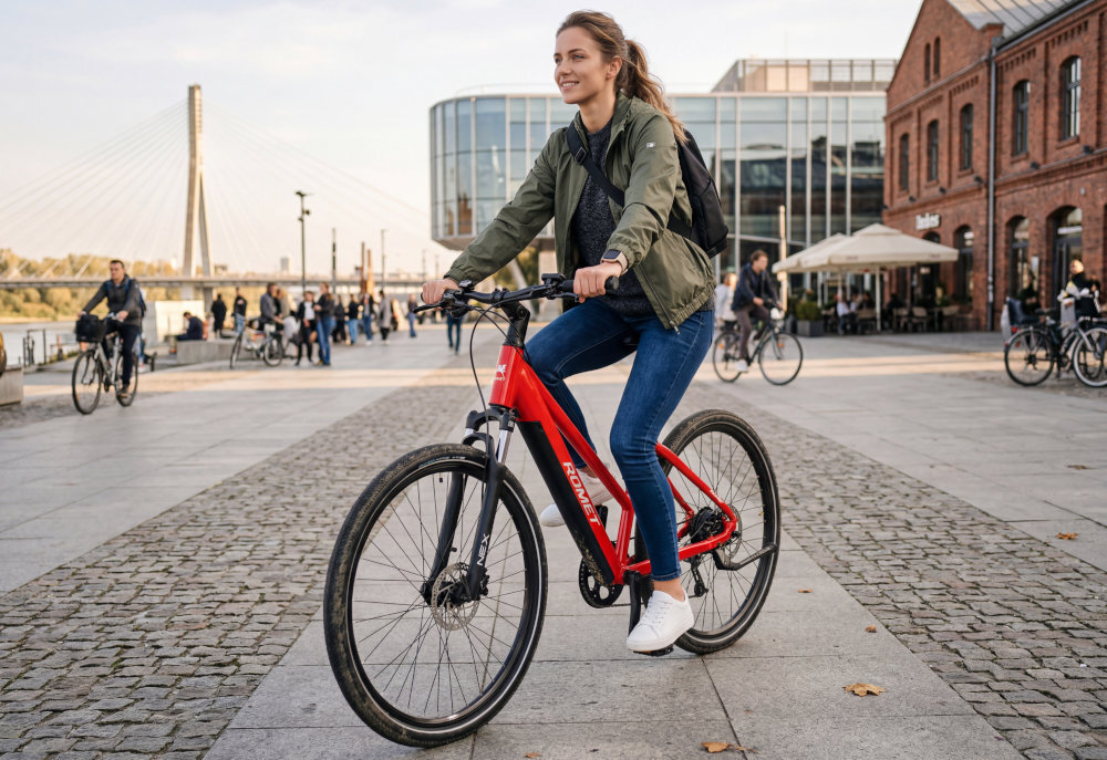 Osoba jedzie na czerwonym rowerze elektrycznym ROMET E-Orkan 1.0 D19 28 cali na tle miejskiego krajobrazu z mostem i budynkami. W tle widać innych ludzi spacerujących i jeżdżących na rowerach.
