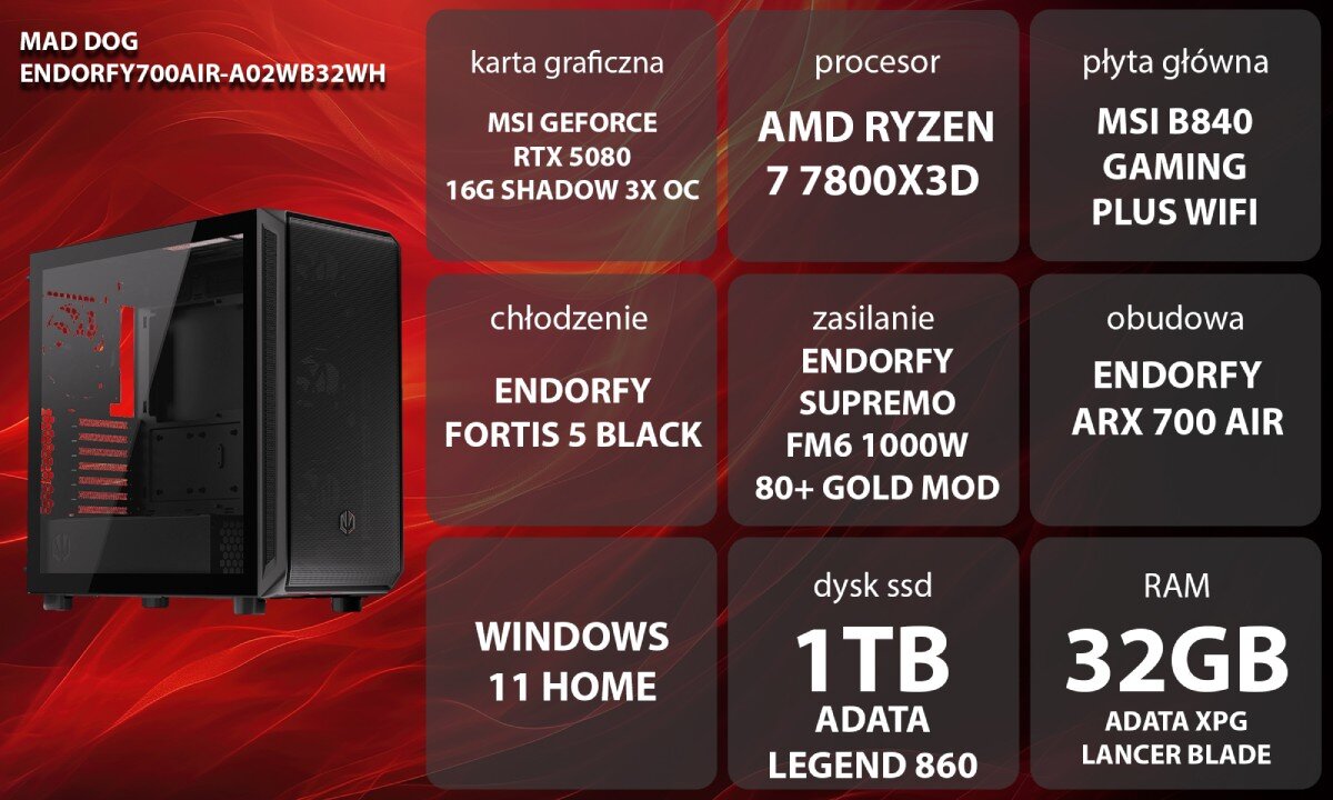 Komputer MAD DOG ENDORFY700AIR-A02WB32WH Kobieta siedzi przy biurku i gra na komputerze stacjonarnym z podświetlaną klawiaturą; nosi słuchawki. Na monitorze widoczna jest animowana grafika z miejską uliczką, opis