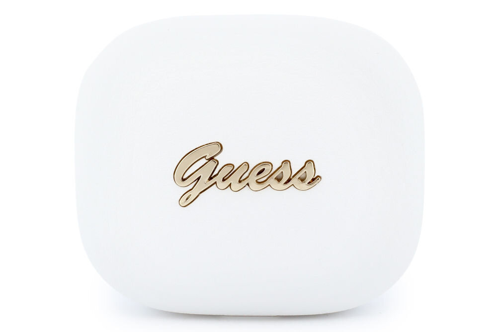 Białe etui z napisem \'Guess\' w złotym kolorze na środku.