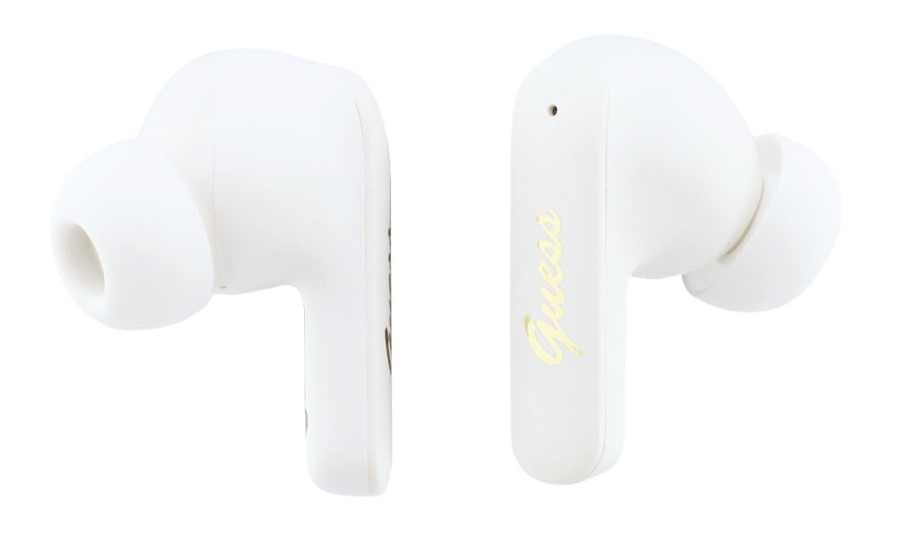 Na obrazie widoczne są białe słuchawki douszne z napisem \'Guess\' w złotym kolorze na jednej z nich. Słuchawki mają nowoczesny, minimalistyczny design.