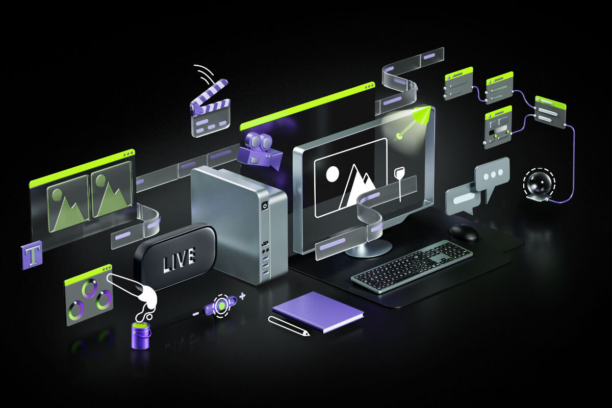 Grafika przedstawia komputer stacjonarny z monitorem, klawiaturą i myszką na ciemnym tle. Wokół komputera znajdują się ikony symbolizujące różne funkcje multimedialne, takie jak edycja wideo, transmisja na żywo i komunikacja.