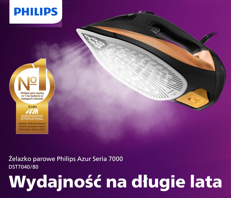 Obraz przedstawia żelazko parowe z serii Philips Azur 7000, model DST7040/80, emitujące parę. Widoczny jest tekst: \'Wydajność na długie lata\' oraz logo PHILIPS.