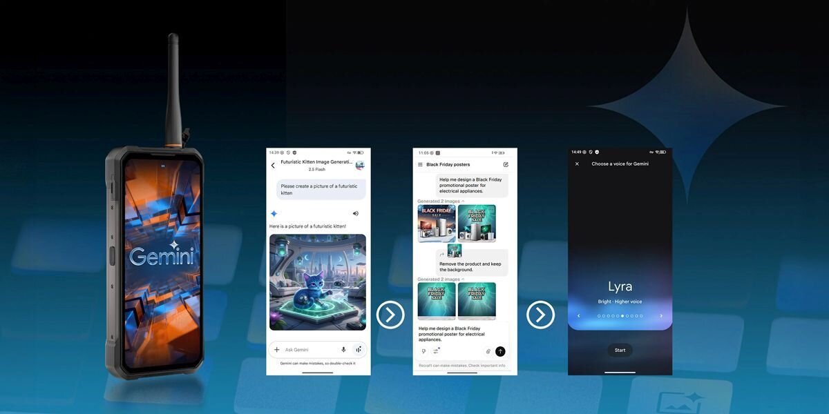 Obraz przedstawia smartfon z dużym ekranem, na którym widoczny jest napis \'Gemini\'. Obok znajdują się trzy zrzuty ekranu aplikacji z różnymi interfejsami użytkownika, w tym teksty i grafiki.