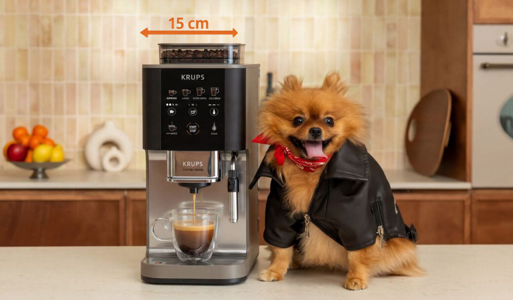 Na blacie kuchennym siedzi pies w kurtce i z apaszką na szyi, obok niego stoi Ekspres do kawy KRUPS Coffee Crush. Ikona: Strzałka obustronna z 15 cm.