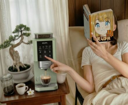 Na stoliku obok łóżka znajduje się ekspres do kawy marki KRUPS, obok którego stoi filiżanka z kawą i mała roślina w doniczce. Osoba leżąca na łóżku trzyma książkę z okładką przedstawiającą postać z dużymi oczami.