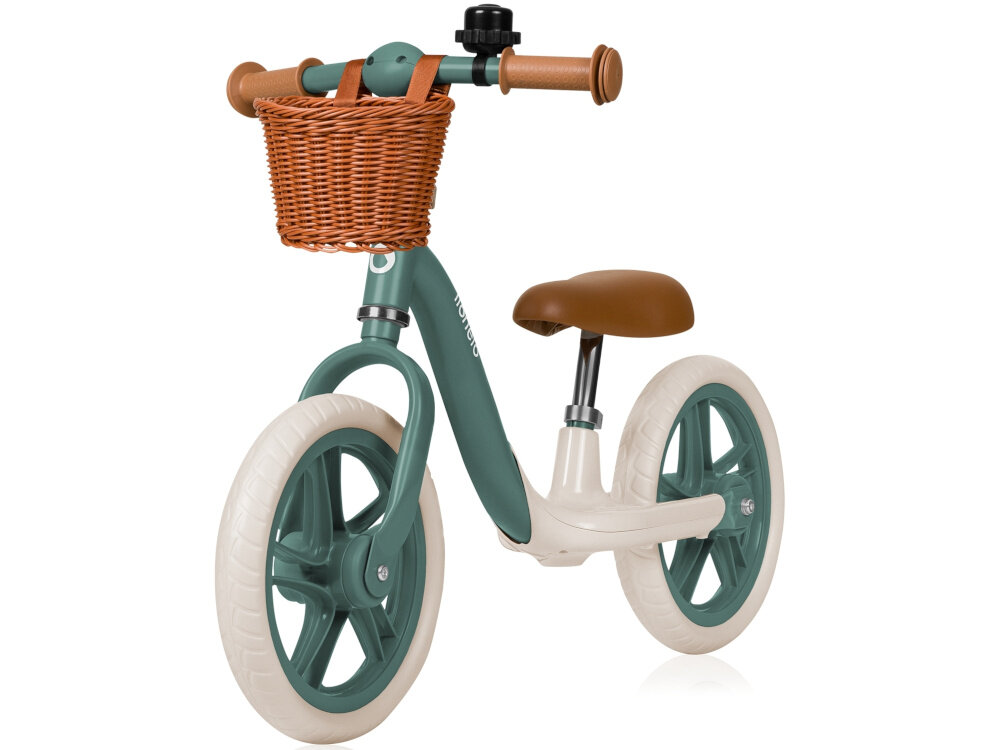 Rowerek biegowy LIONELO Alex Plus Zielony rowerek na białym tle widoczny od przodu pod skosem wsparcie w nauce równowagi i koordynacji ruchowej u dzieci w wieku od 3 do 6 lat samodzielne przemieszczanie się rozwój zdolności motorycznych bez konieczności pedałowania pewność siebie