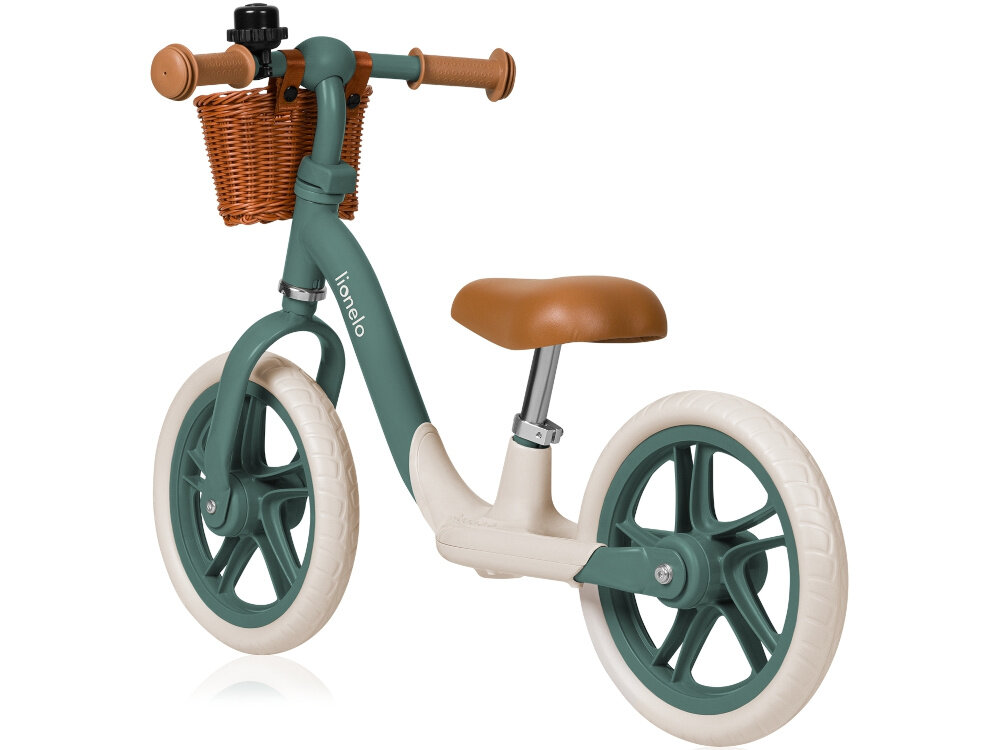 Rowerek biegowy LIONELO Alex Plus Zielony rowerek na białym tle widoczny do tyłu pod skosem certyfikat TÜV spełnia europejskie normy bezpieczeństwa materiały i konstrukcja zostały przetestowane pod kątem wytrzymałości i funkcjonalności odpowiedni do użytku przez dzieci