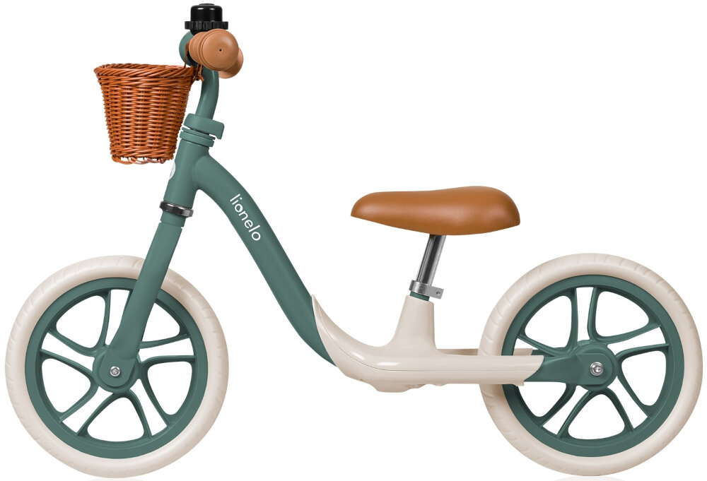 Rowerek biegowy LIONELO Alex Plus Zielony rowerek na białym tle widoczny z boku stalowa rama stabilność i trwałość waga rowerka 3,4 kg łatwy do przenoszenia materiały PP i TPR wytrzymuje intensywne użytkowanie odporny na codzienne zużycie