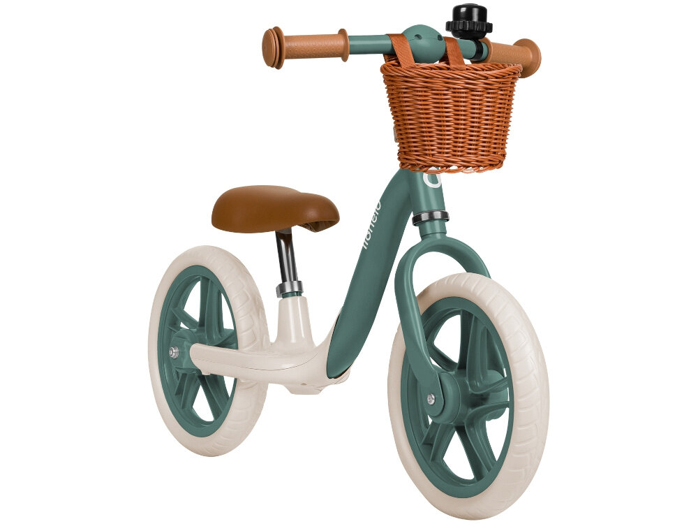 Rowerek biegowy LIONELO Alex Plus Zielony rowerek na białym tle widoczny od przodu pod skosem ergonomiczne rączki z tworzywa TPR miękkie i antypoślizgowe odpowiednia kontrola pewność ruchów