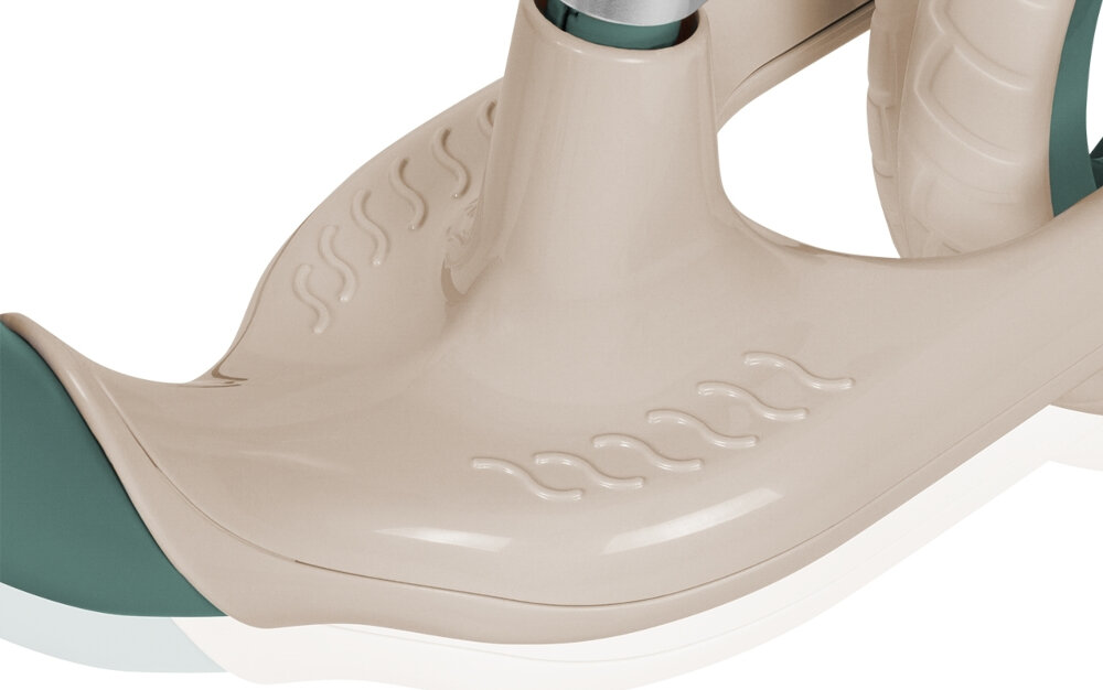 Rowerek biegowy LIONELO Alex Plus Zielony zbliżenie na podnóżek wytłoczony podnóżek w ramie rowerka maluch może wygodnie oprzeć stopy nauka równowagi krok w stronę przygotowania do jazdy na klasycznym rowerze