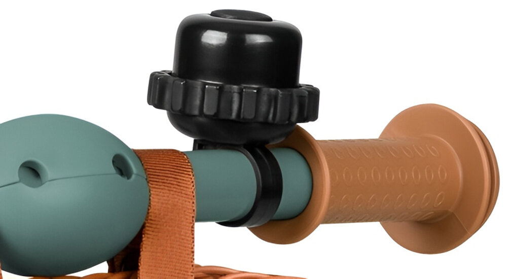 Rowerek biegowy LIONELO Alex Plus Zielony zbliżenie na dzwonek dzwonek sposób na naukę sygnalizowania swojej obecności radość z dźwiękowej reakcji uczy się podstawowych zasad komunikacji na drodze bezpieczeństwo