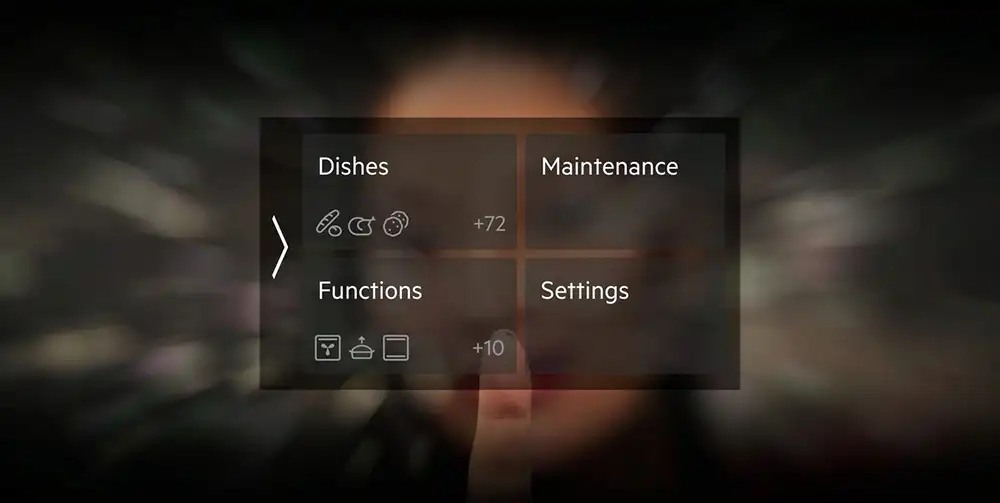 Interfejs użytkownika z czterema opcjami: Dishes, Maintenance, Functions, Settings. Obok opcji Dishes widoczna jest liczba +72, a obok Functions liczba +10.