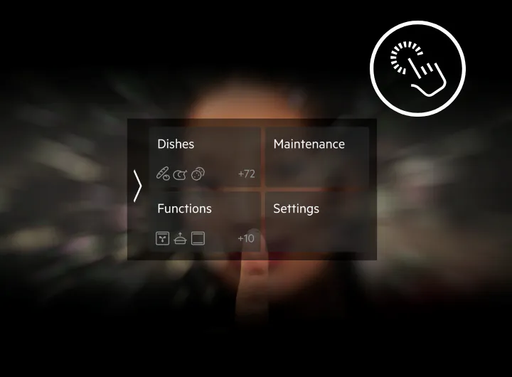 Interfejs użytkownika z czterema opcjami: Dishes, Maintenance, Functions, Settings, z ikonami i liczbami +72 oraz +10. W prawym górnym rogu znajduje się ikona dotykowa z symbolem dłoni.