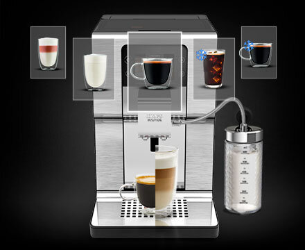 Ekspres do kawy KRUPS Intuition Experience Hot&Cold z wyświetlonymi rodzajami napojów oraz podłączonym pojemnikiem na mleko.