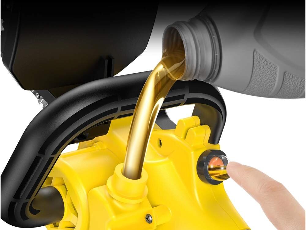 Piła akumulatorowa IMOUM DLJ08, Wbudowany system smarowania, Animacja pokazująca wlewanie oleju smarującego do środka piły przez wlew